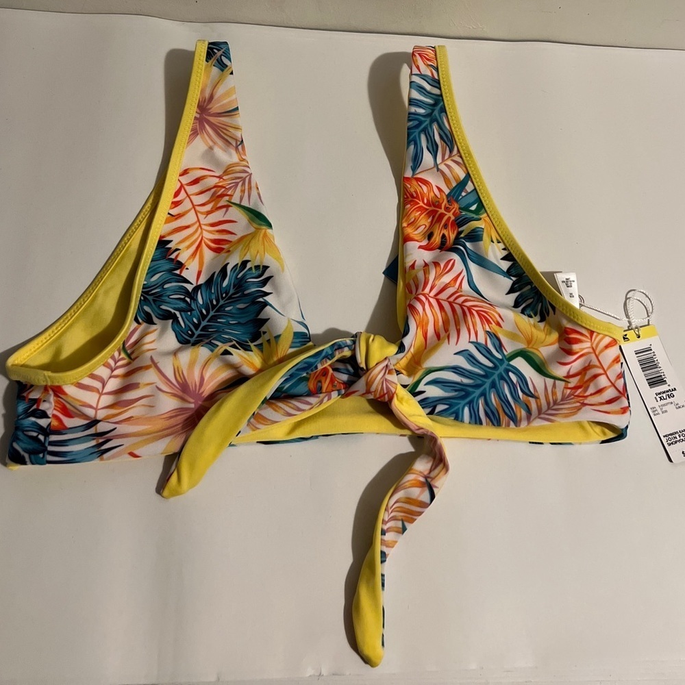 NWT Joe Boxer Yellow Reversible Front Tie Bikini Top XL Mix & Match Tropical